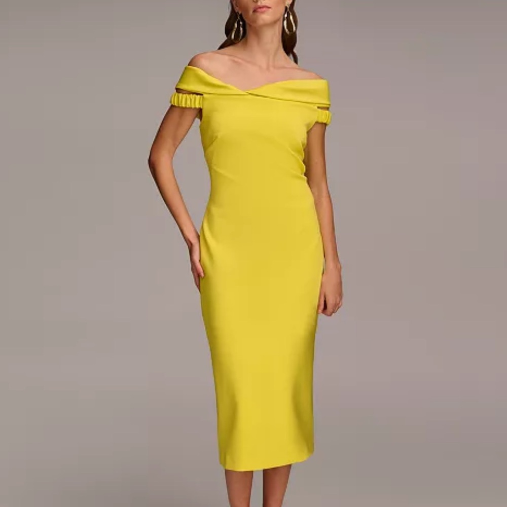 Off the Shoulder DONNA KARAN Midi Length Sheath Dress in Poison (yellow) Sz 16